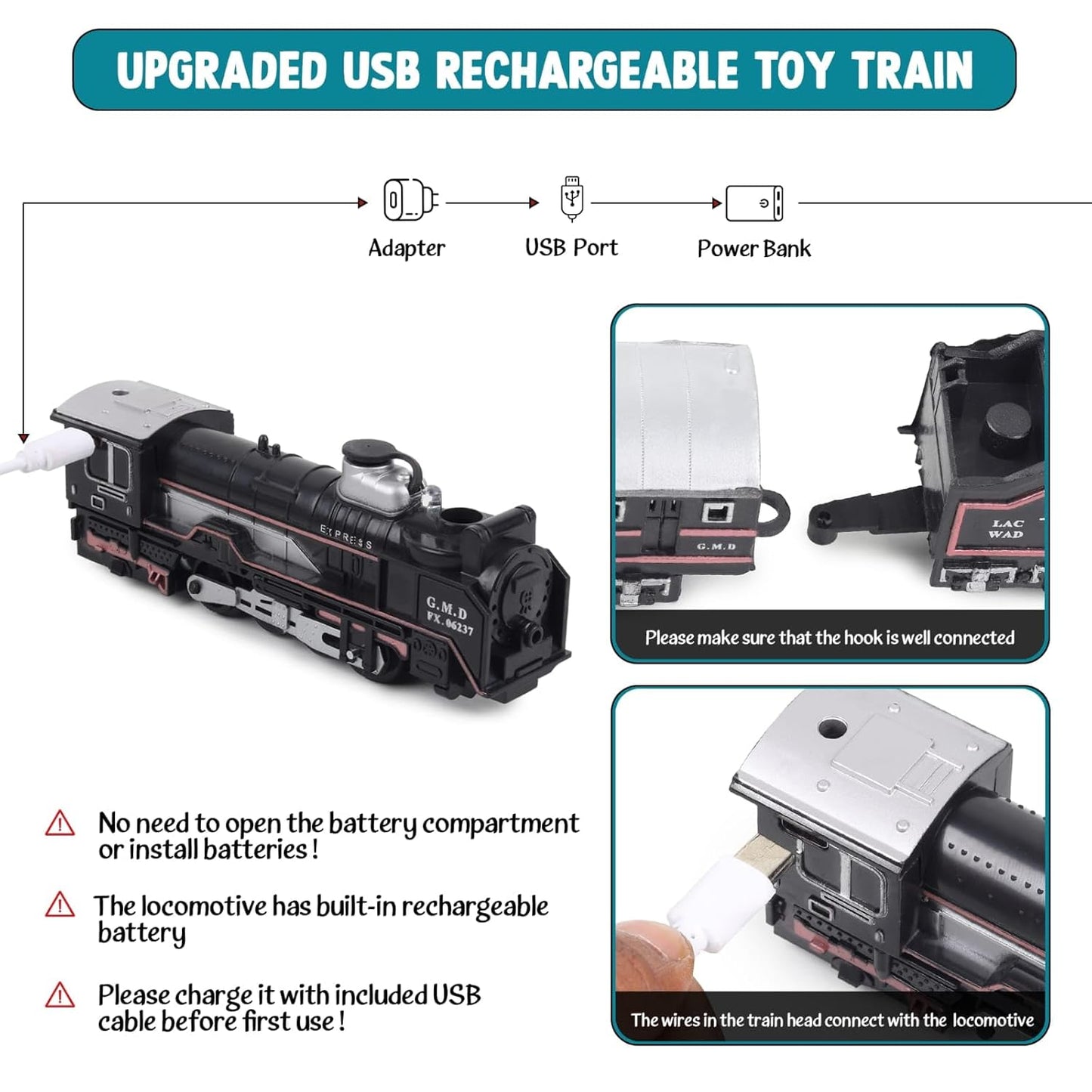 Smoke Train Toy with Rechargeable USB C pin Cable, Light & Sound Toy Train Set (16 Pieces)