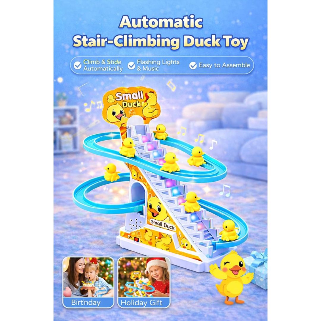 Small Duck Escalator Track Toy, Battery Operated, with Music and Colored Lights, Funny Slide Playset for Kids