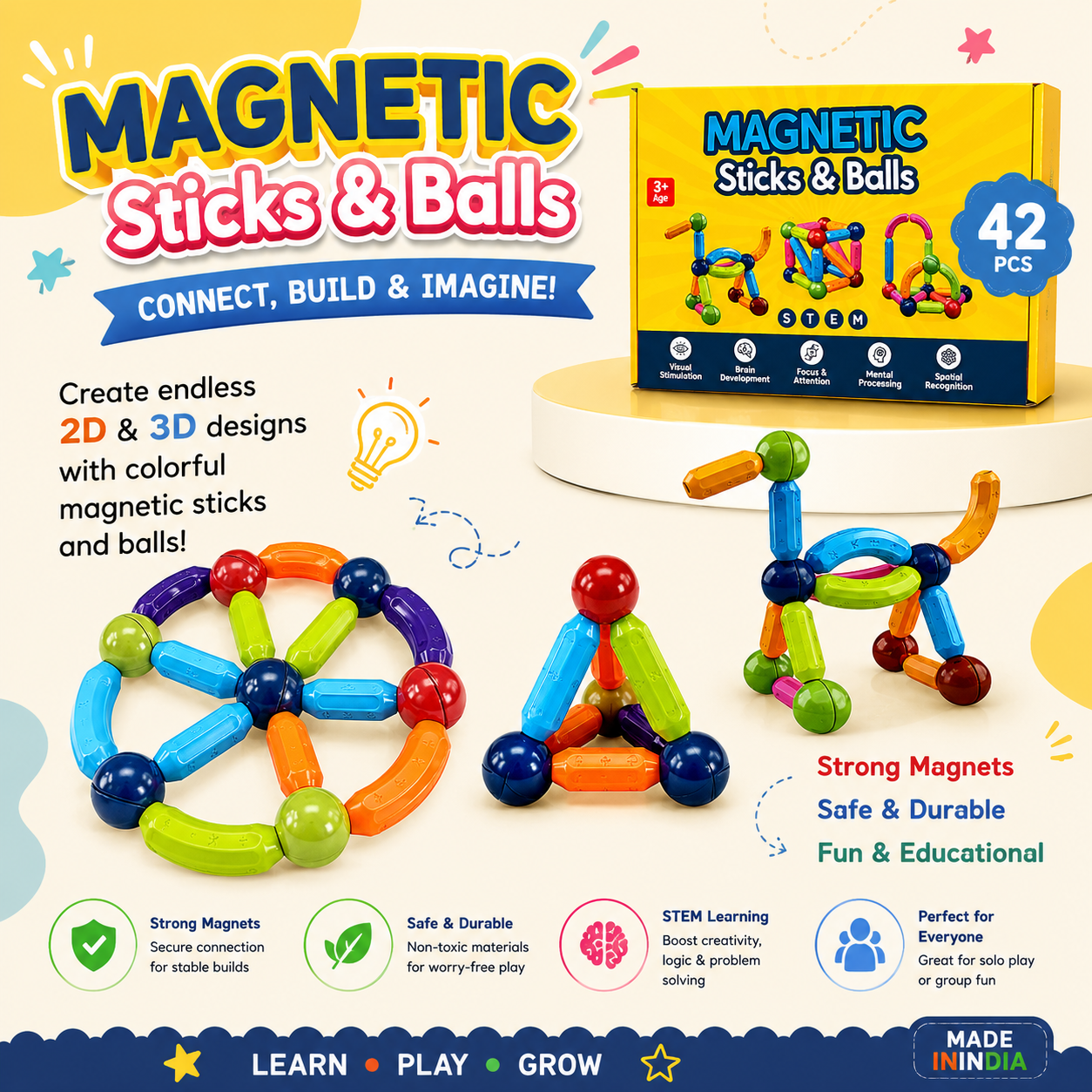 Magnetic Bar Blocks for Kids (42 Pcs Set)