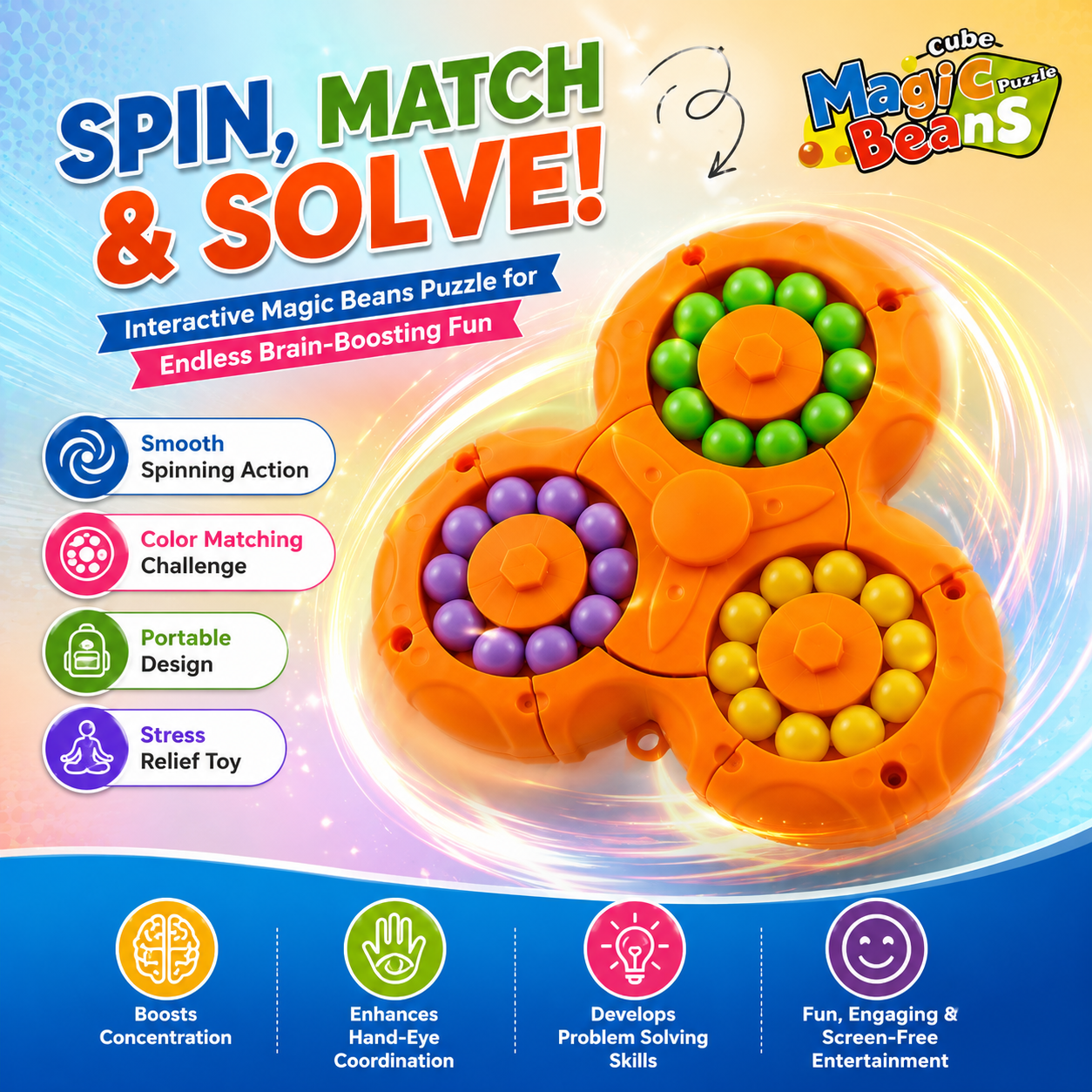 Triangle Magic Beans Spinner Puzzle – 3D Color Matching Fidget Toy for Kids