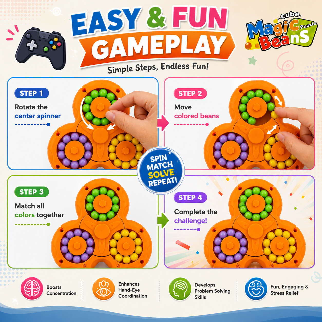 Triangle Magic Beans Spinner Puzzle – 3D Color Matching Fidget Toy for Kids