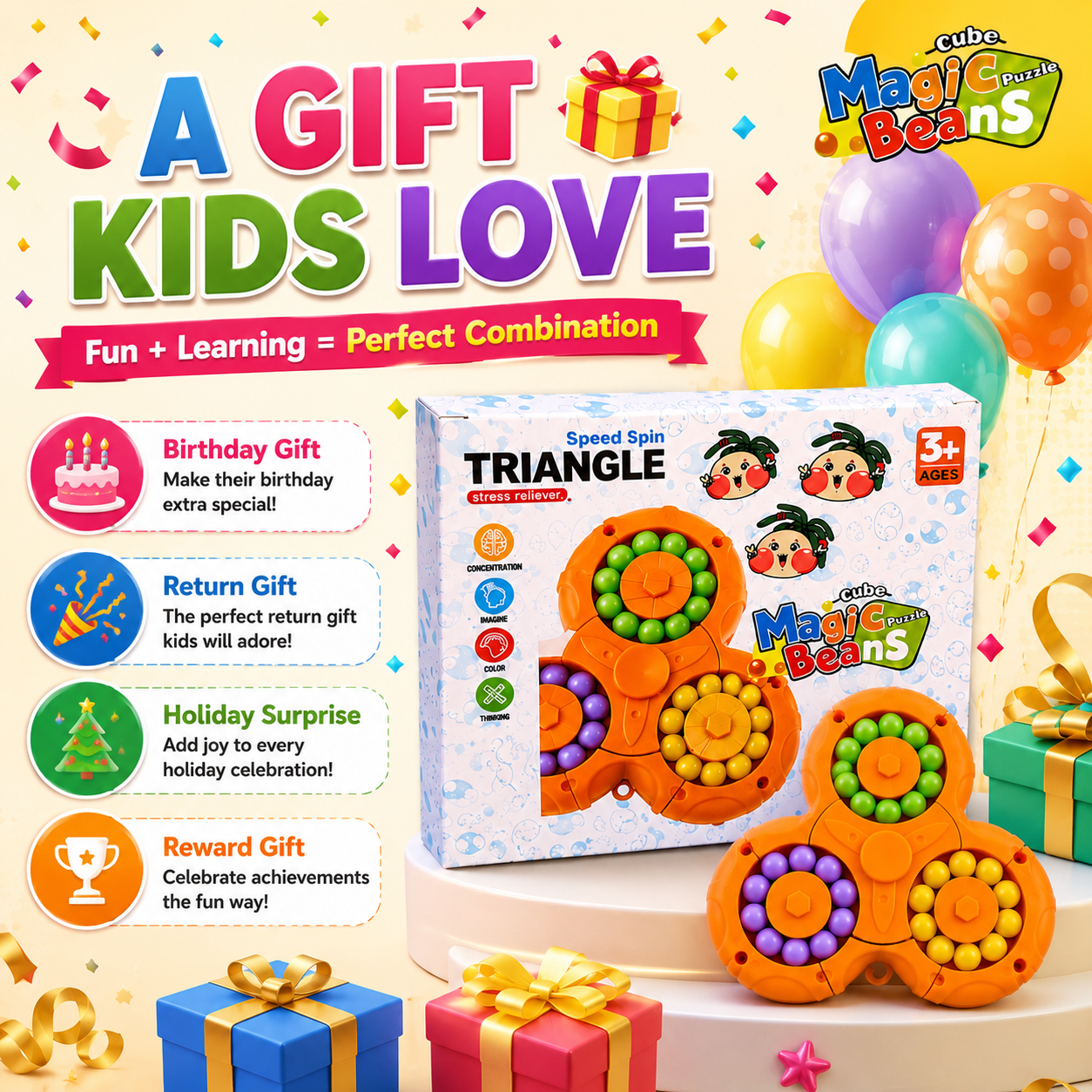 Triangle Magic Beans Spinner Puzzle – 3D Color Matching Fidget Toy for Kids