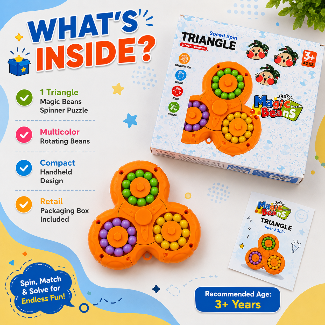 Triangle Magic Beans Spinner Puzzle – 3D Color Matching Fidget Toy for Kids