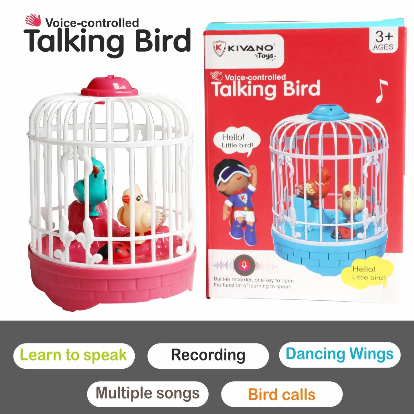 Talking Bird Toy with Voice Control - Rechargeable USB C Pin Cable  - Pink