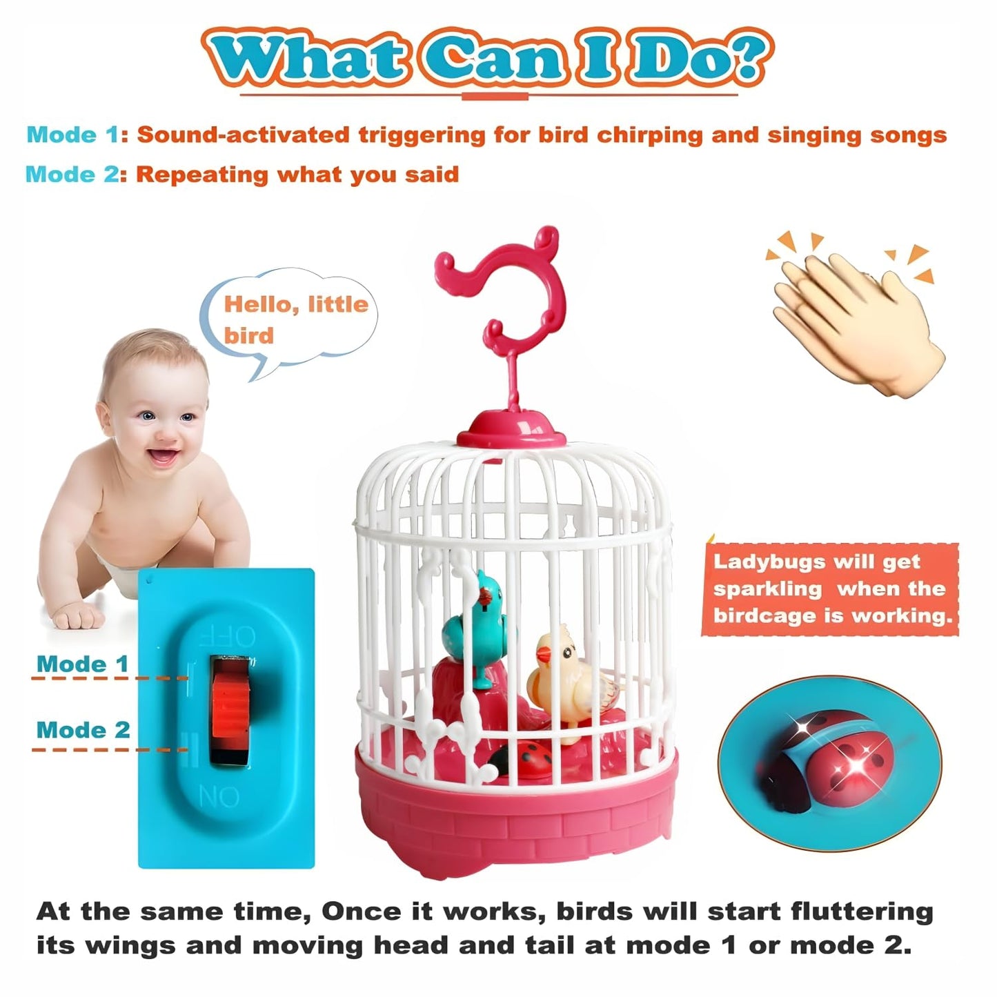 Talking Bird Toy with Voice Control - Rechargeable USB C Pin Cable  - Pink