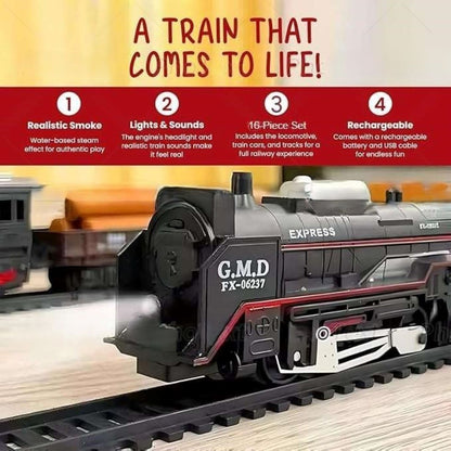 Smoke Train Toy with Rechargeable USB C pin Cable, Light & Sound Toy Train Set (16 Pieces)